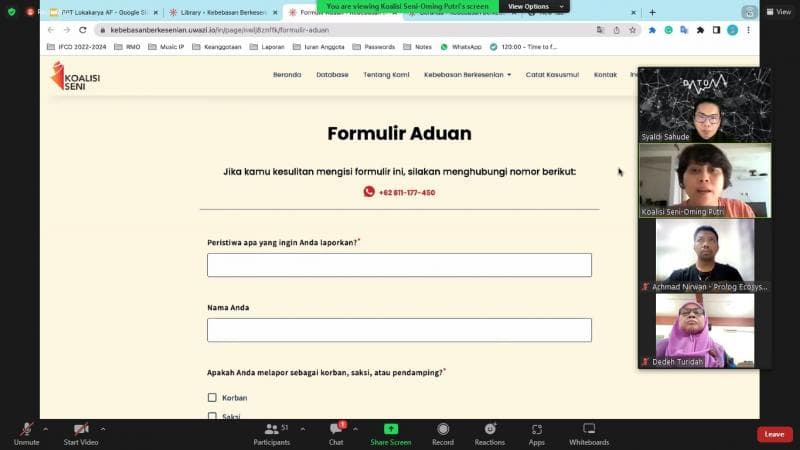 Tampilan formulir aduan pada laman kebebasanberkesenian.id. (Inibaru.id/ Rizki Arganingsih)
