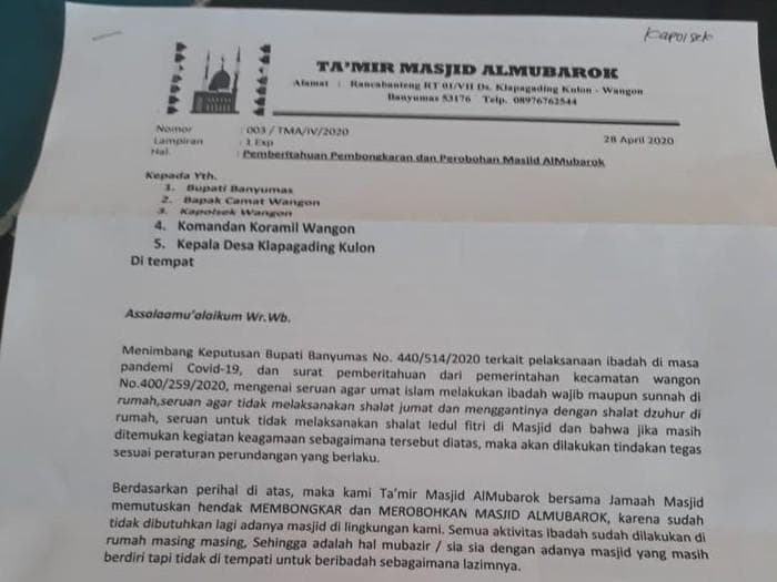 Surat pemberitahuan rencana pembongkaran masjid di Banyumas. (Istimewa)