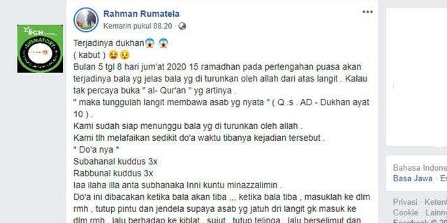 Narasi isu dukhan pada 15 Ramadan. (Facebook/Rahman Rumatela)