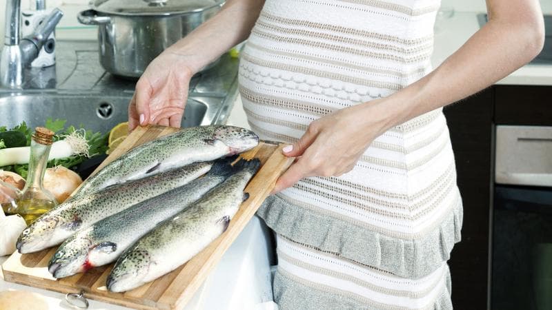 Ilustrasi ibu hamil mengolah seafood. (Nutrition.org)