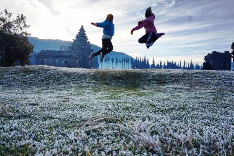 Banyak pengunjung sengaja datang ke Dieng untuk menikmati fenomena embun membeku yang mirip salju. (Marasolehah.com)