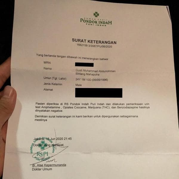 Surat keterangan tes narkoba yang dijalani oleh Bintang Emon. (Instagram/Bintangemon)
