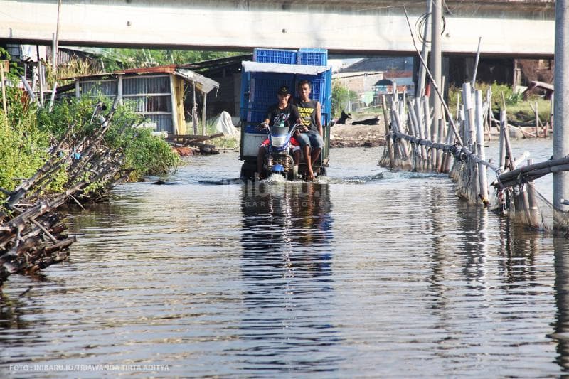 Dua anak muda yang merupakan pekerja di tambak budi daya ikan bandeng menerobos banjir rob di Kota Semarang.<br>