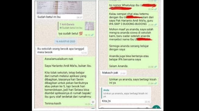 Bukti obrolan Whatsapp antara Harianto dengan sang murid. (Facebook Harianto)<br>
