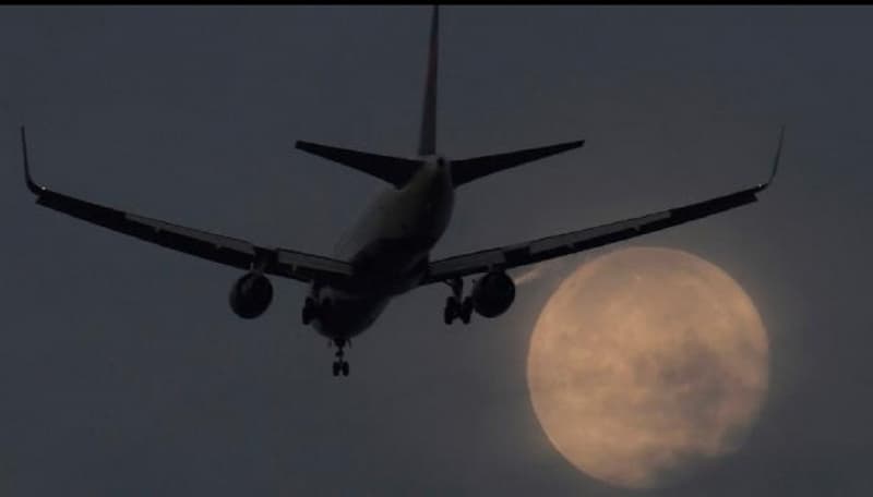 Sebuah pesawat bersiap mendarat di bandara Heathrow saat fajar dengan latar belakang Supermoon di London, Inggris, Senin (17/10/2016). (Reuters/Toby Melville)