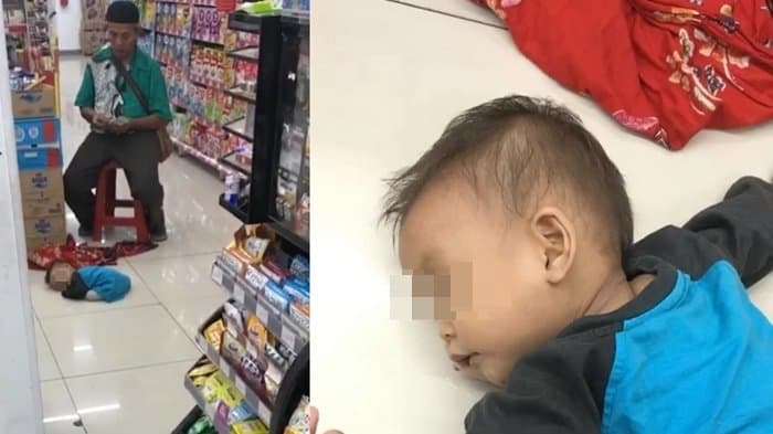 Balita 11 bulan yang tergeletak lemas di minimarket lantaran diduga diajak mengemis oleh ayah kandungnya. (Tribunnews.com)