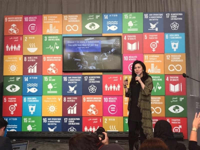 Veronica Colondam ketika memeberikan paparan pada pertemuan tahunan UN Solutions Summit, di Markas Besar PBB pada 19-21 September 2017. (Foto: YCAB Foundation via Tempo)